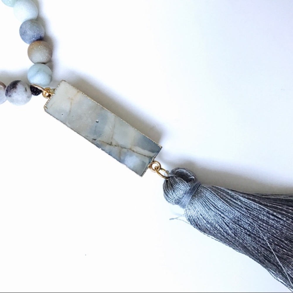 Amazonite & Druzy Bar Mala Bead Necklace w/ Tassel - Picture 4 of 8